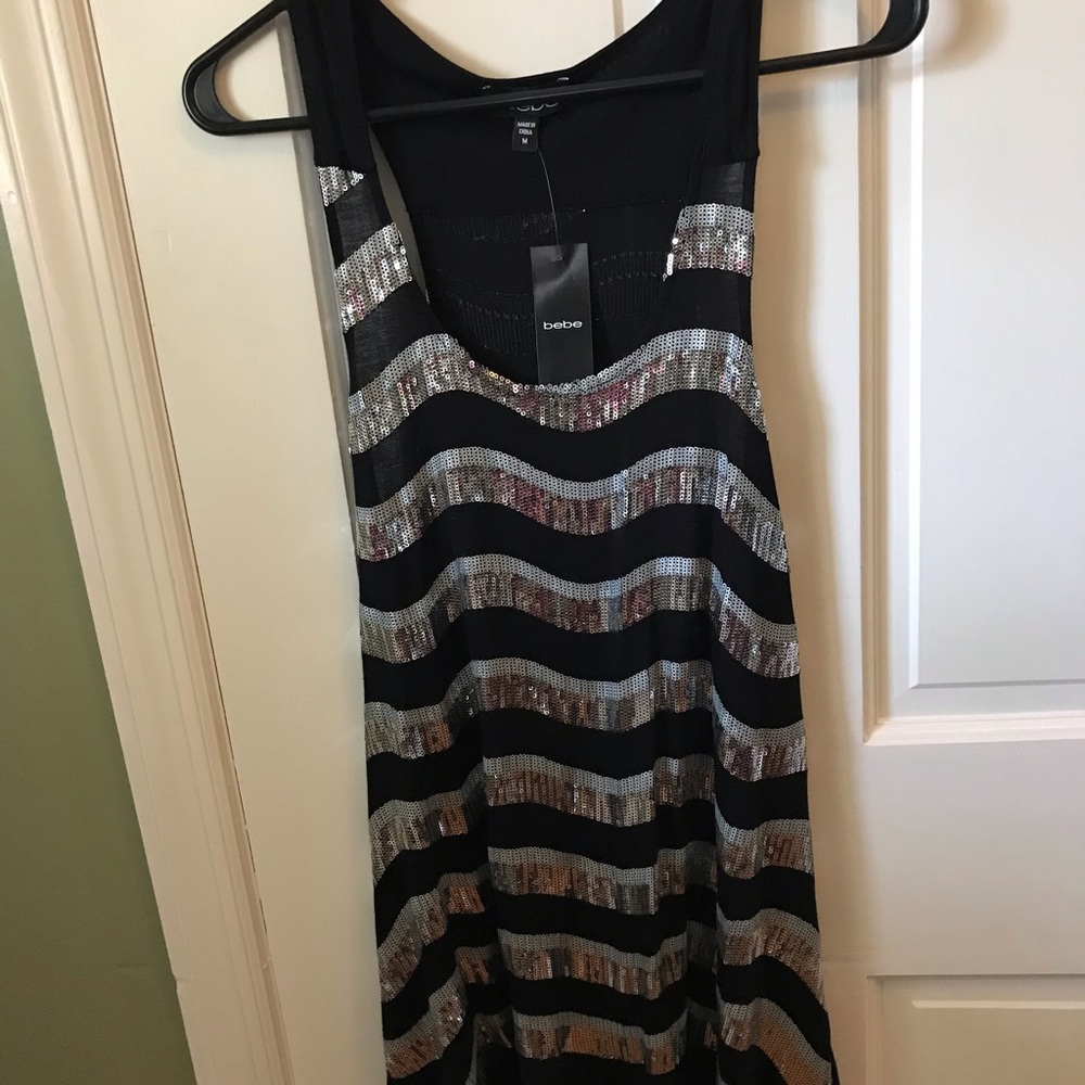 Bebe Sequin Stripe Black & Silver Tank Size M